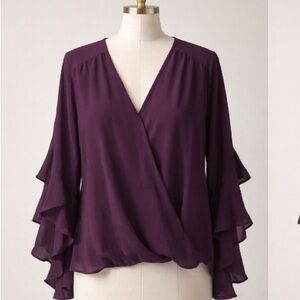 INC International Concepts Plum Ruffle Sleeve Surplice Blouse